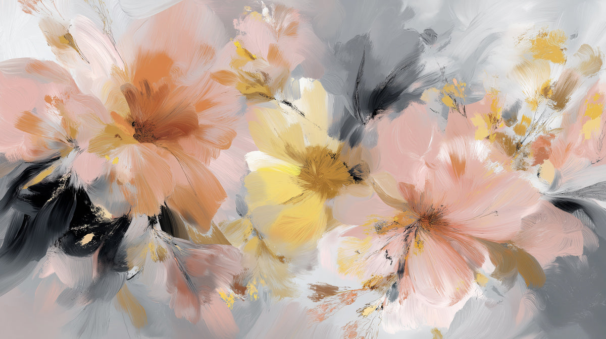 Modern Abstract Floral Mural Wallpaper | Blurry Peach, Gold & Charcoal Gray