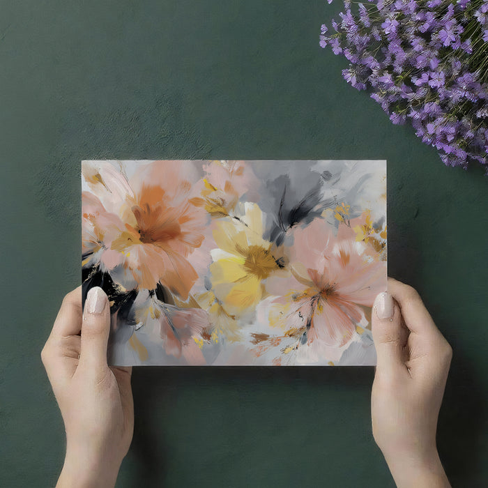 Modern Abstract Floral Mural Wallpaper | Blurry Peach, Gold & Charcoal Gray