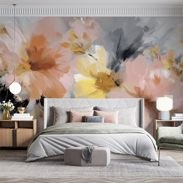 Modern Abstract Floral Mural Wallpaper | Blurry Peach, Gold & Charcoal Gray