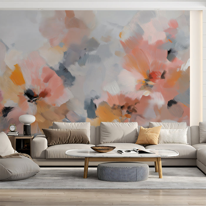 Impressionistic Abstract Floral Mural Wallpaper | Soft Peach & Gray
