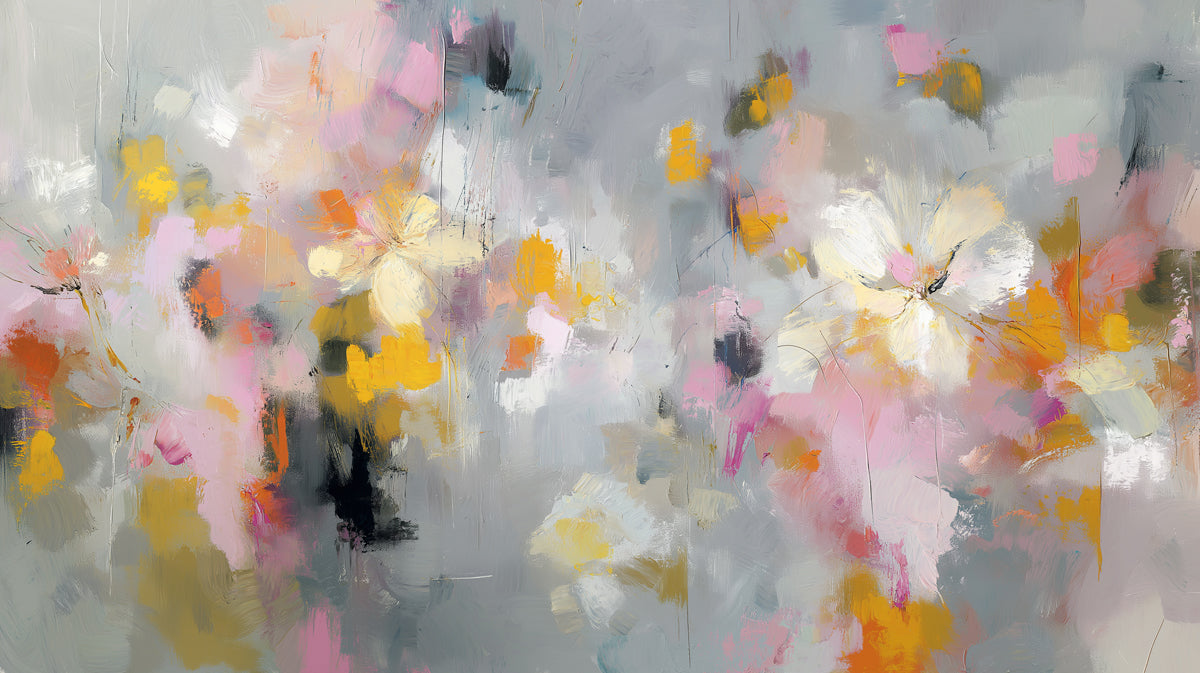 Modern Abstract Floral Mural Wallpaper | Artistic Gray Base with Pink & Yellow Splashes