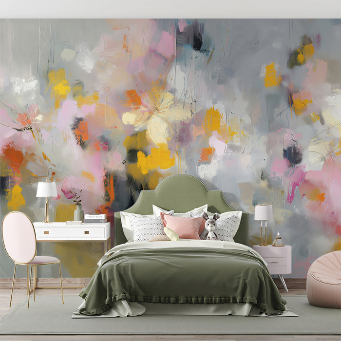 Modern Abstract Floral Mural Wallpaper | Artistic Gray Base with Pink & Yellow Splashes