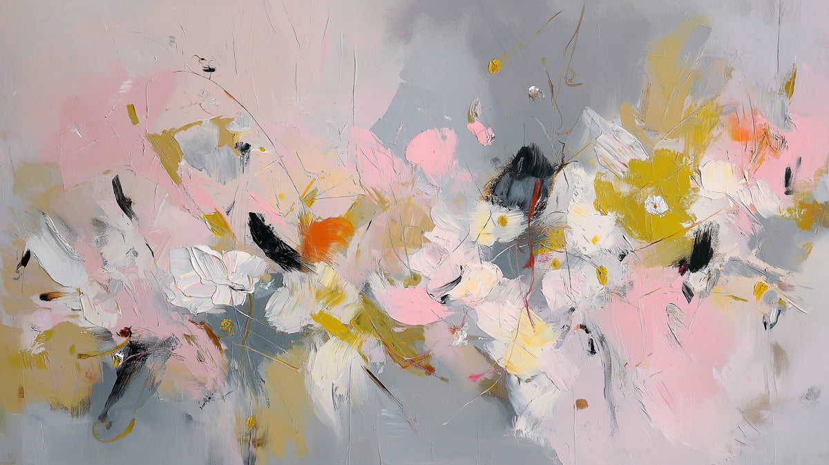 Abstract Expressive Floral Mural Wallpaper | Dynamic Art in Pink, Yellow & Charcoal
