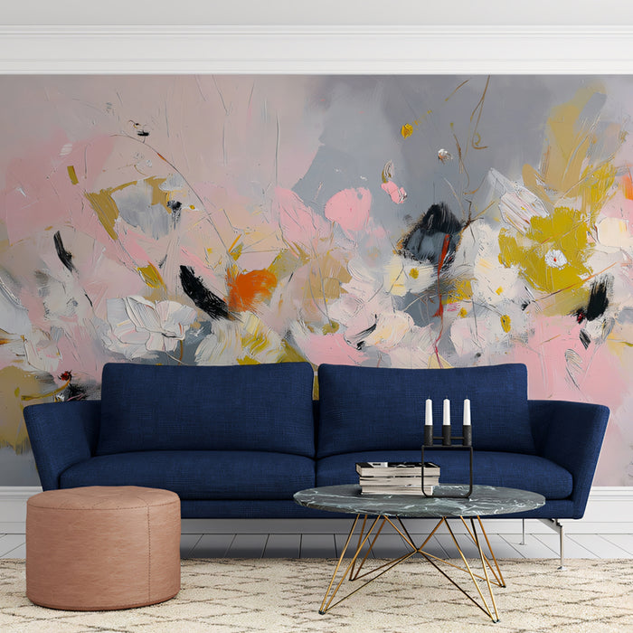 Abstract Expressive Floral Mural Wallpaper | Dynamic Art in Pink, Yellow & Charcoal