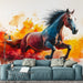 Red Horse Mural Wallpaper in Living Room | Red, Blue, Orange, and Various Colors of Horse -1