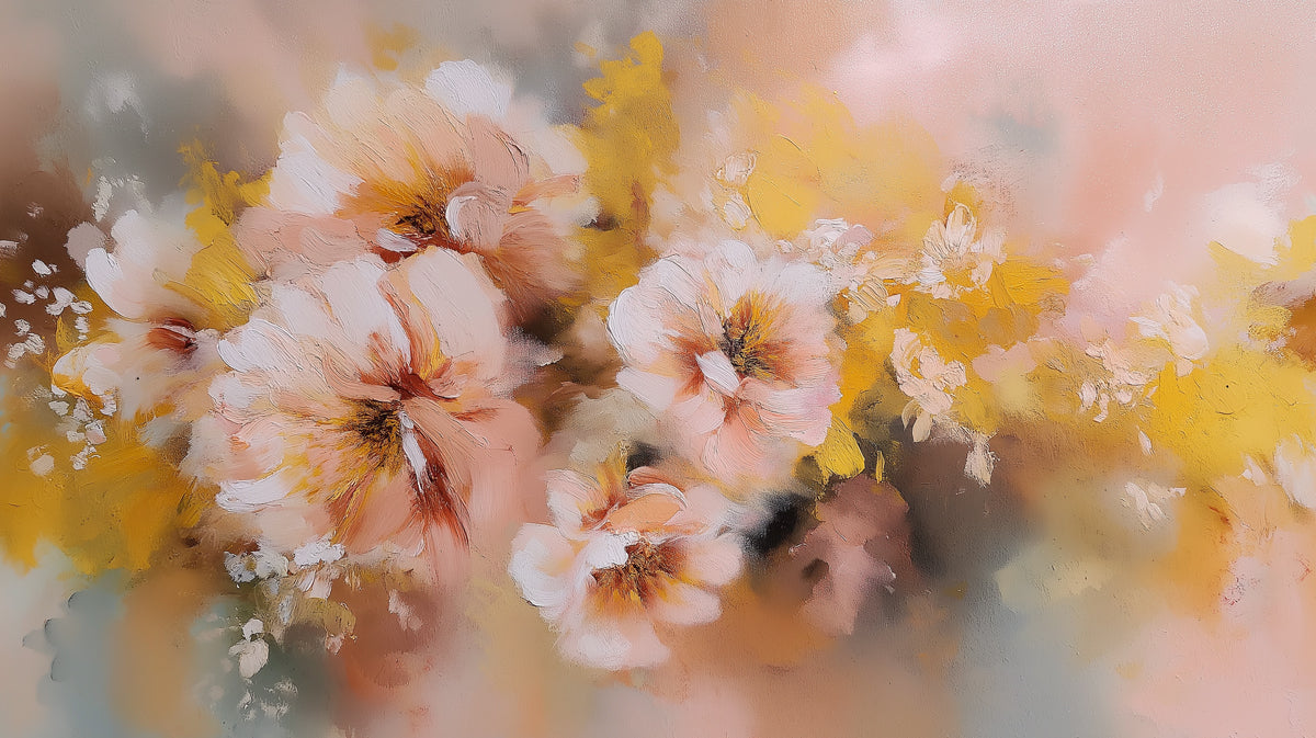 Romantic Impressionistic Floral Mural Wallpaper | Soft Peach & Golden Hues