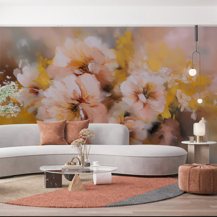 Romantic Impressionistic Floral Mural Wallpaper | Soft Peach & Golden Hues