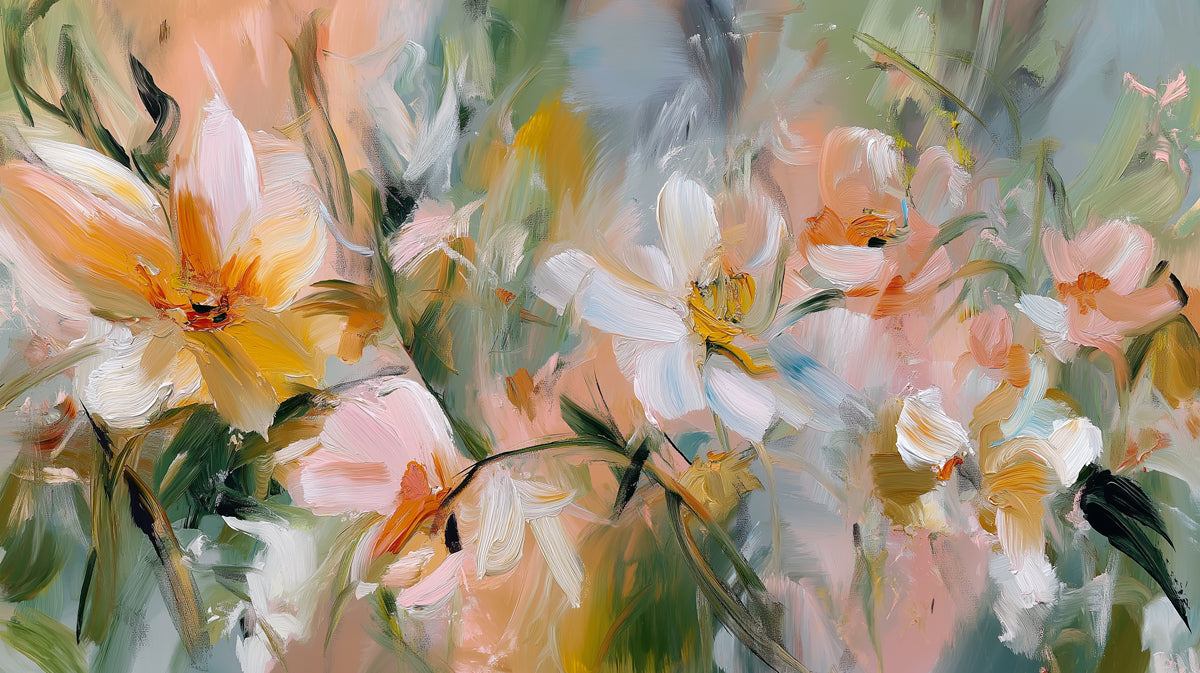 Impressionist Floral Mural Wallpaper | Soft White & Peach Blooms