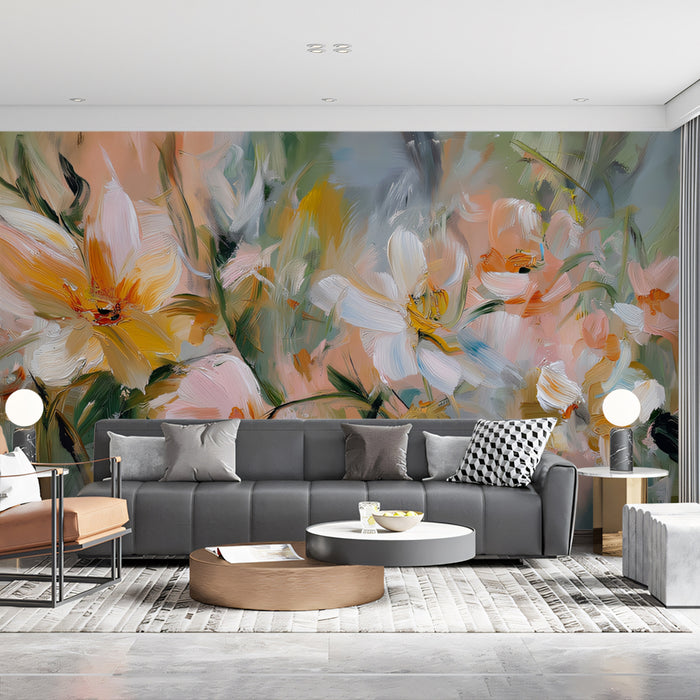Impressionist Floral Mural Wallpaper | Soft White & Peach Blooms