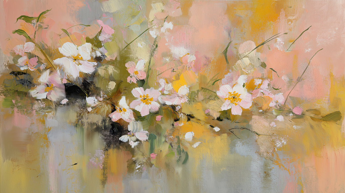 Abstract Meadow Mural Wallpaper | Serene White & Pink Blossoms
