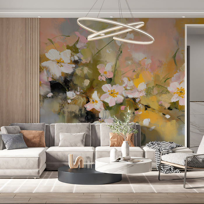 Abstract Meadow Mural Wallpaper | Serene White & Pink Blossoms