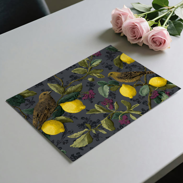 Vintage Lemon & Bird Mural Wallpaper | Dark Gray Botanical Art