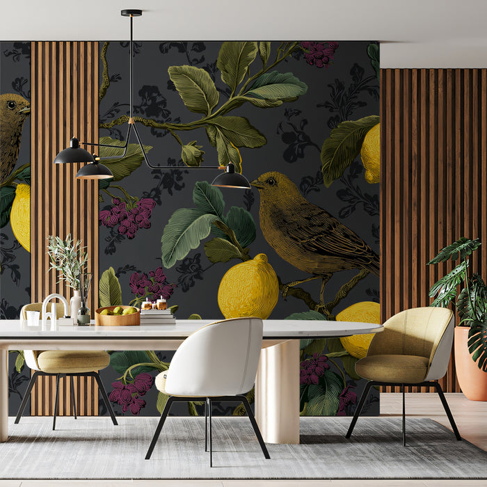 Vintage Lemon & Bird Mural Wallpaper | Dark Gray Botanical Art