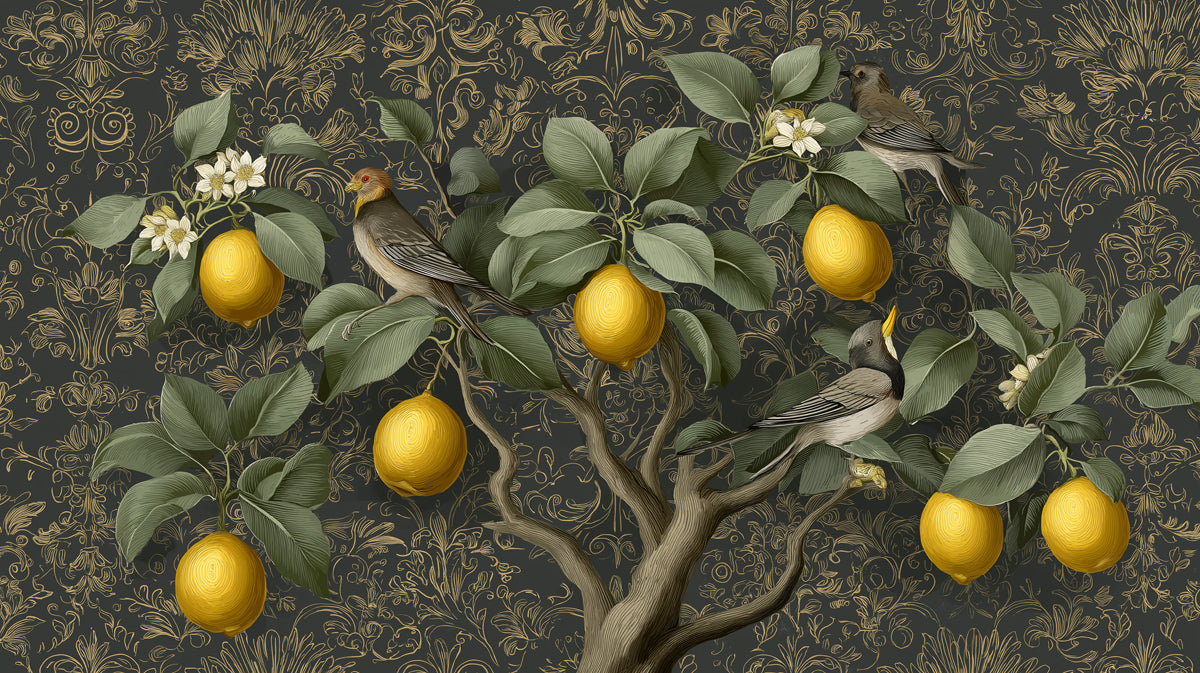Traditional Lemon Tree Mural Wallpaper | Dark Background with Gold Accents