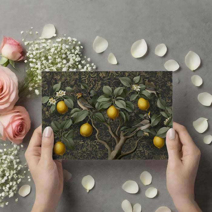 Traditional Lemon Tree Mural Wallpaper | Dark Background with Gold Accents