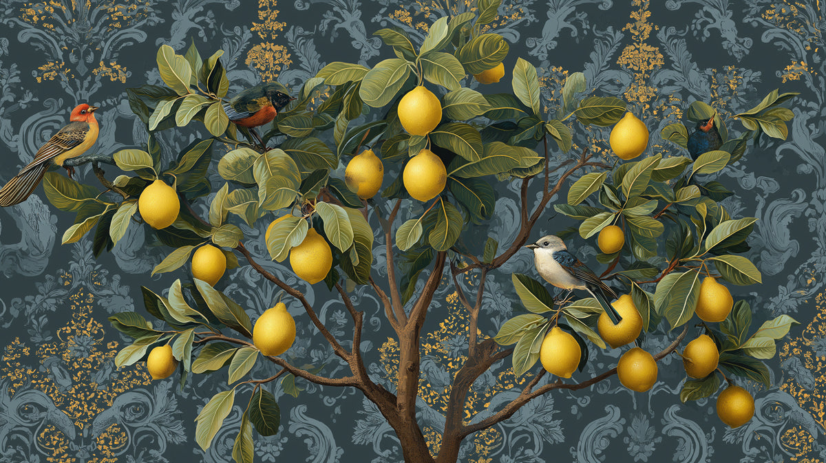 Vintage Lemon Grove Mural Wallpaper | Ornate Damask & Birds