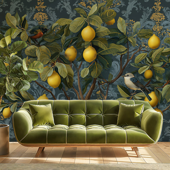 Vintage Lemon Grove Mural Wallpaper | Ornate Damask & Birds
