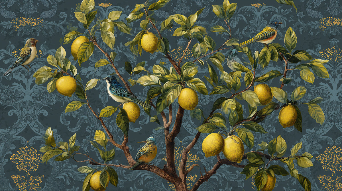 Modern Damask Lemon Tree Mural Wallpaper | Teal Blue with Gold