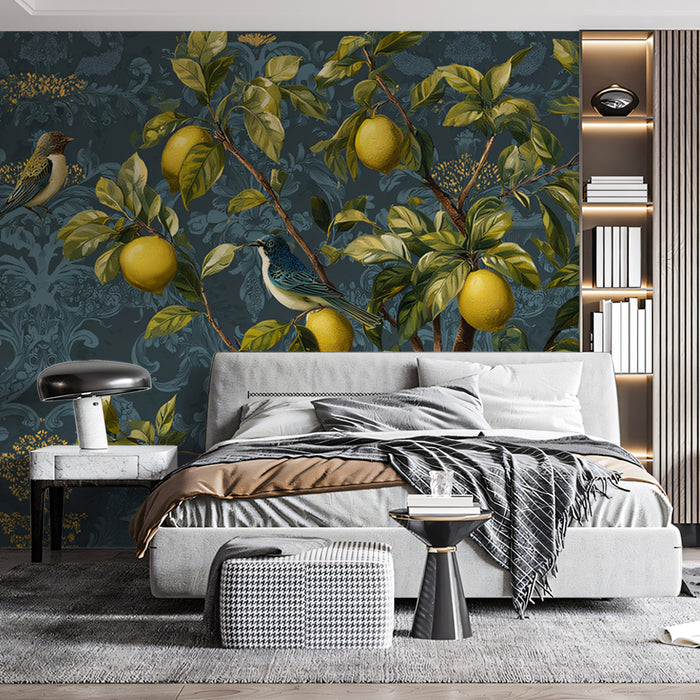 Modern Damask Lemon Tree Mural Wallpaper | Teal Blue with Gold