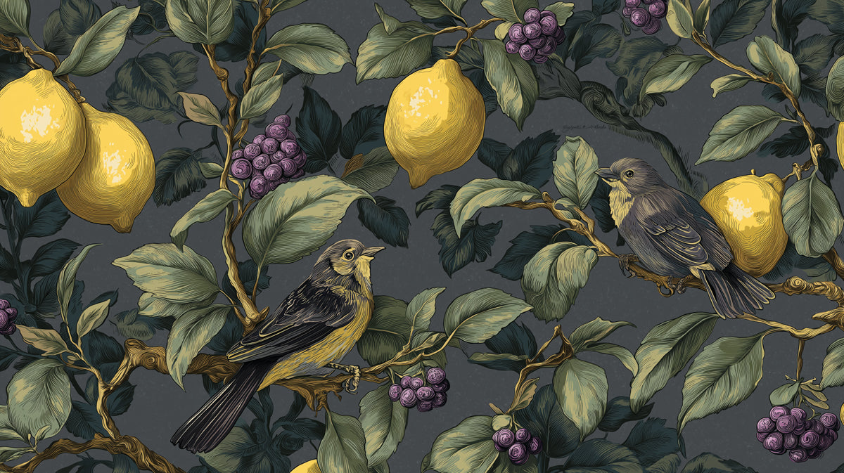 Vintage Birds & Lemons Mural Wallpaper | Dark Gray Botanical Pattern