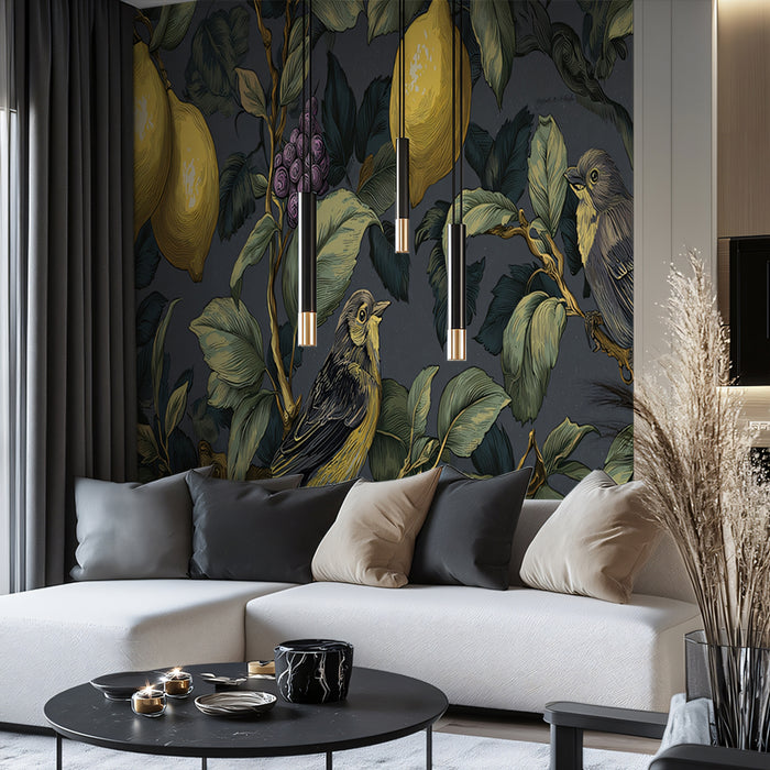 Vintage Birds & Lemons Mural Wallpaper | Dark Gray Botanical Pattern