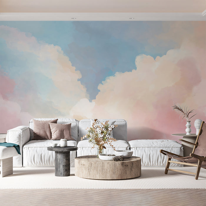Soft Pink & Blue Sky Mural Wallpaper | Abstract Watercolor Clouds