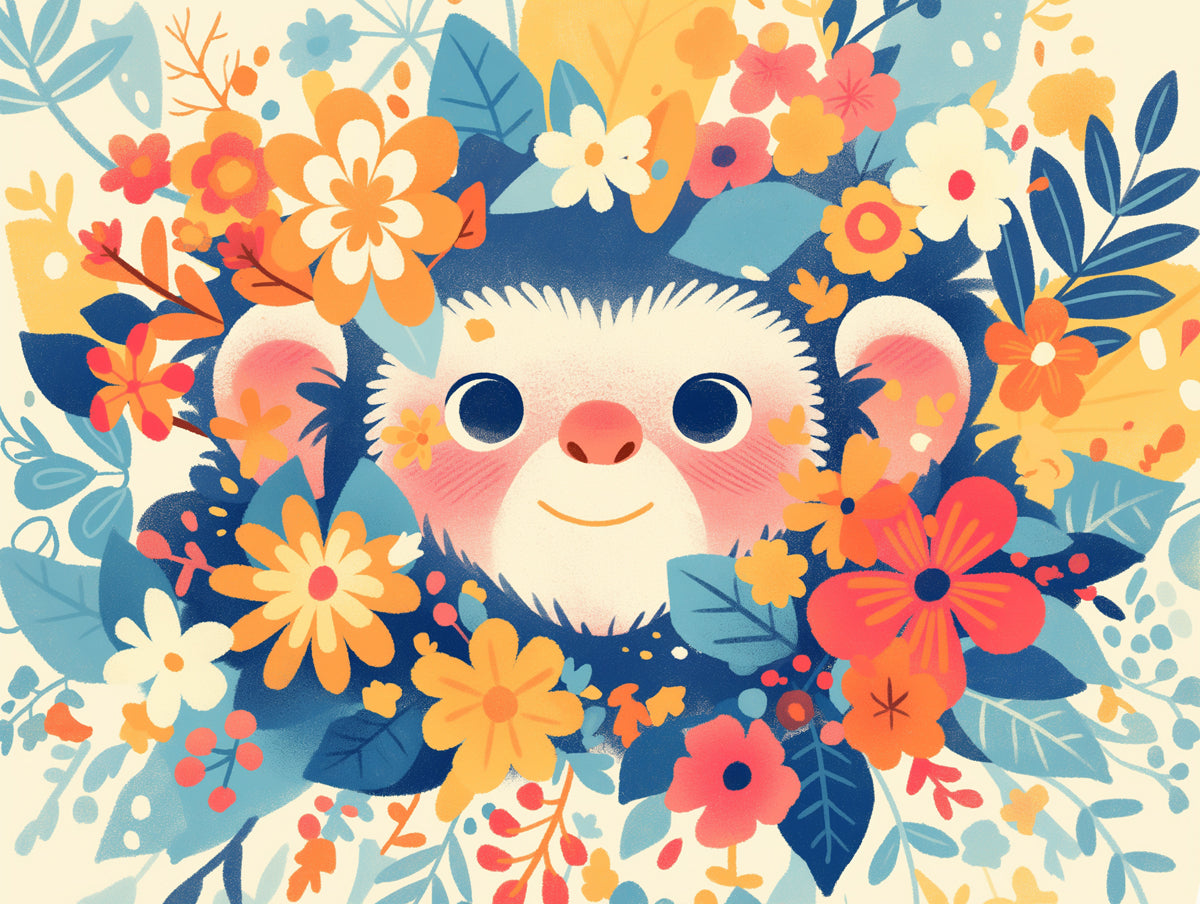Affe mit Blumen Wandbildtapete im Spielzimmer | Blau, Orange, Rosa und verschiedene helle Farben Affe 