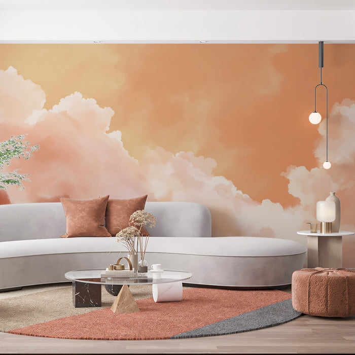 Warm Sunset Sky Mural Wallpaper | Abstract Watercolor Clouds in Orange & Peach