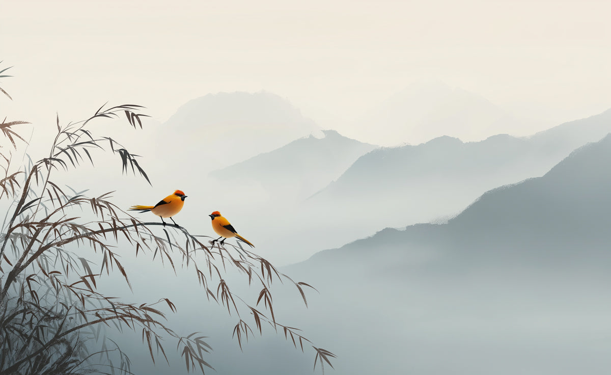 Zen Landscape Mural Wallpaper | Minimalist Oriental Birds & Misty Mountains