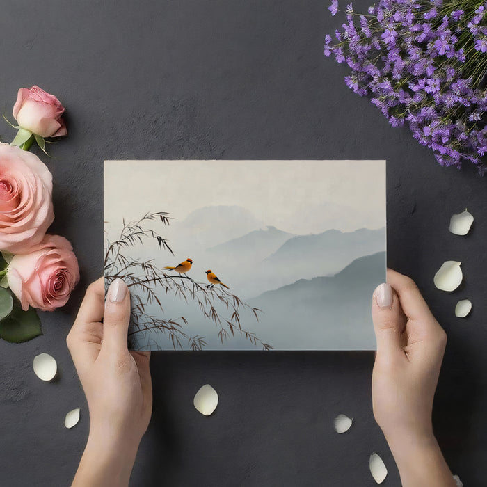 Zen Landscape Mural Wallpaper | Minimalist Oriental Birds & Misty Mountains