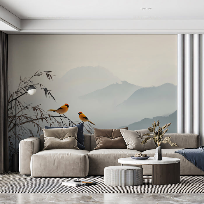 Zen Landscape Mural Wallpaper | Minimalist Oriental Birds & Misty Mountains