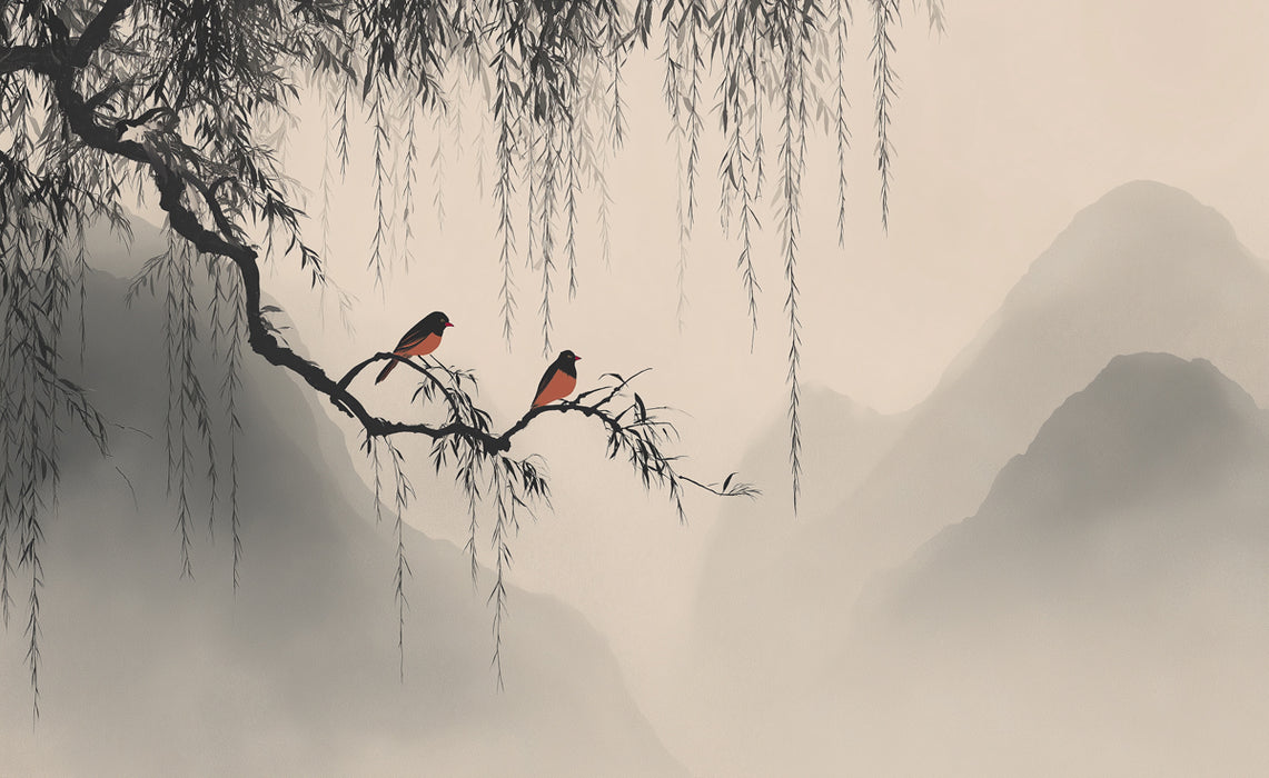 Zen Willow Tree Mural Wallpaper | Minimalist Birds & Misty Mountains