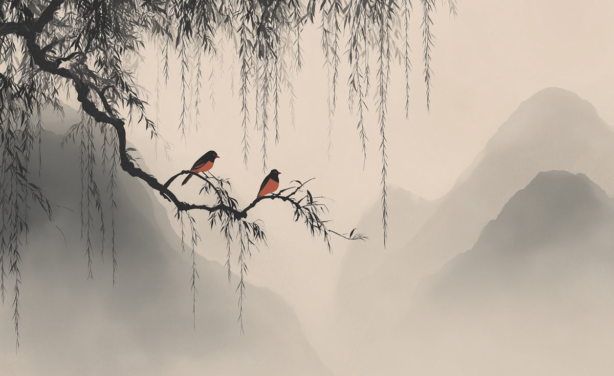 Zen Willow Tree Mural Wallpaper | Minimalist Birds & Misty Mountains
