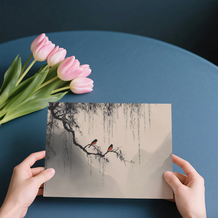Zen Willow Tree Mural Wallpaper | Minimalist Birds & Misty Mountains