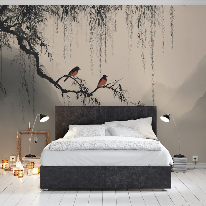 Zen Willow Tree Mural Wallpaper | Minimalist Birds & Misty Mountains