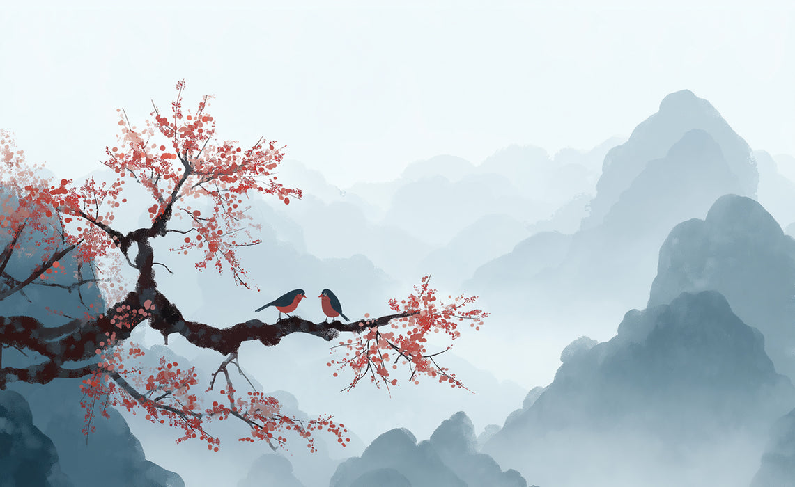 Zen Cherry Blossom Mural Wallpaper | Serene Oriental Birds & Misty Mountains