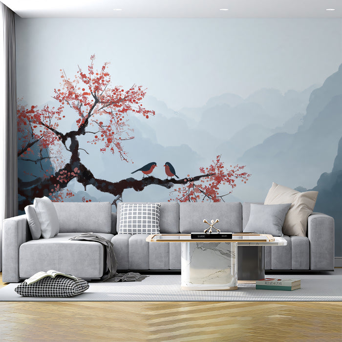 Zen Cherry Blossom Mural Wallpaper | Serene Oriental Birds & Misty Mountains