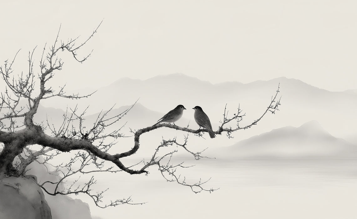 Zen Bare Tree Mural Wallpaper | Minimalist Oriental Birds & Misty Mountains