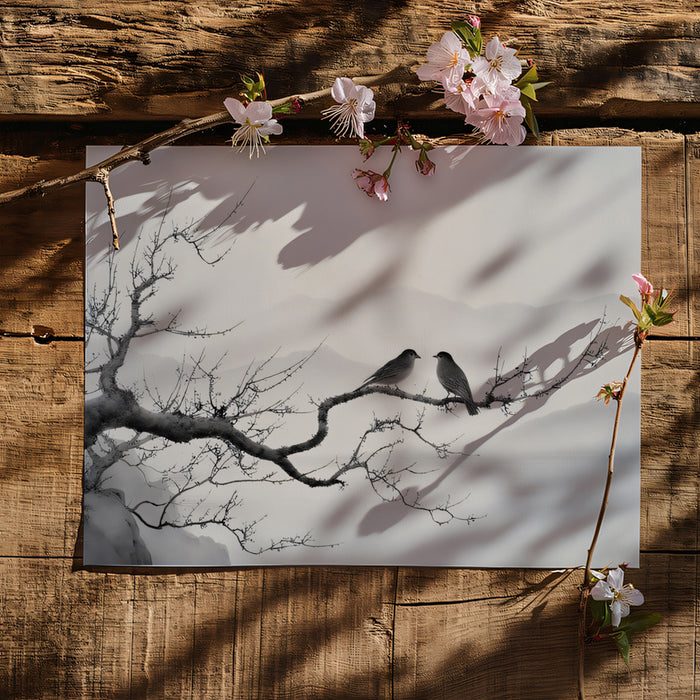 Zen Bare Tree Mural Wallpaper | Minimalist Oriental Birds & Misty Mountains