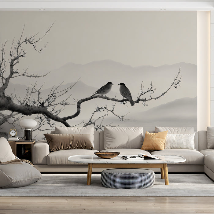 Zen Bare Tree Mural Wallpaper | Minimalist Oriental Birds & Misty Mountains