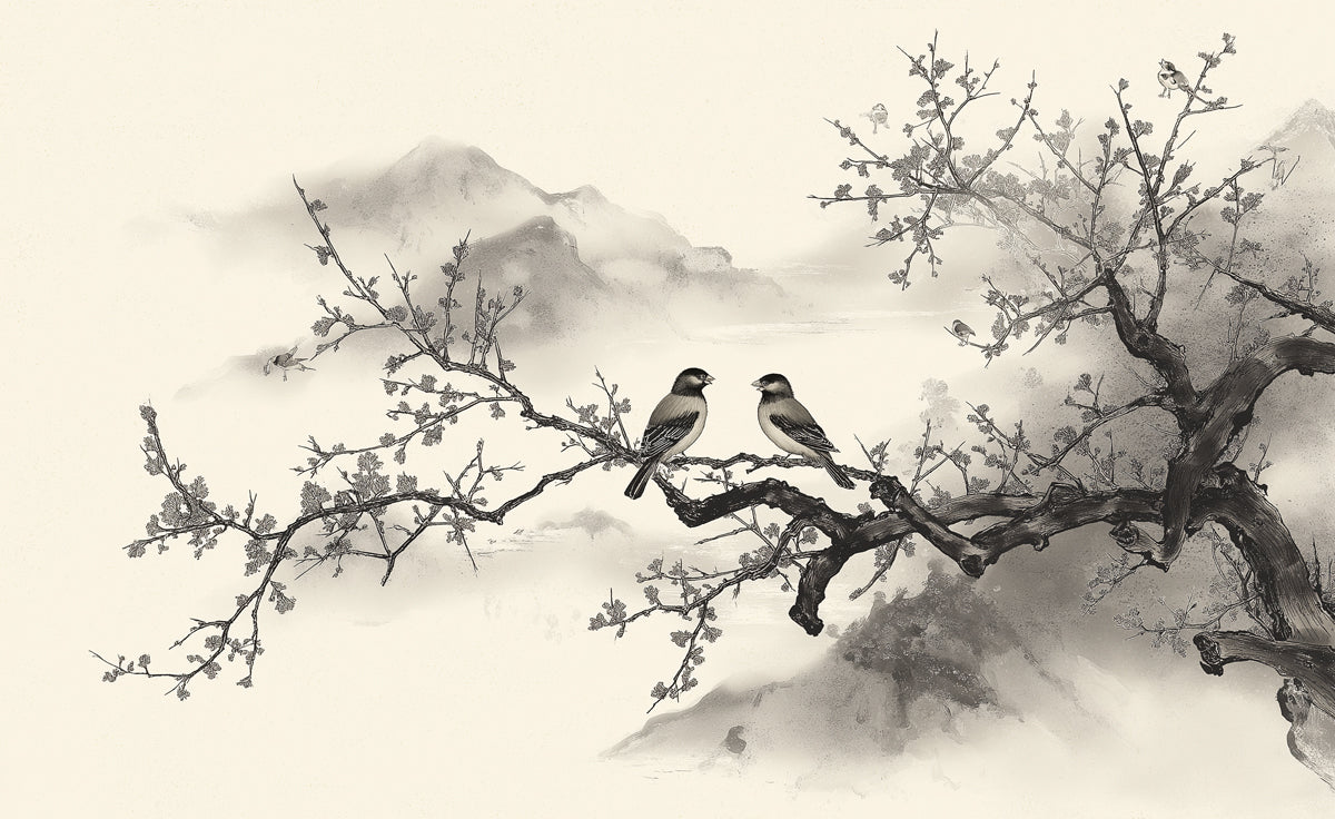 Zen Plum Blossom Mural Wallpaper | Oriental Birds & Misty Mountains