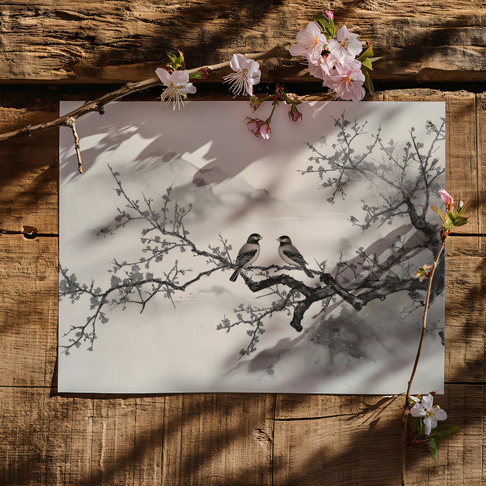 Zen Plum Blossom Mural Wallpaper | Oriental Birds & Misty Mountains