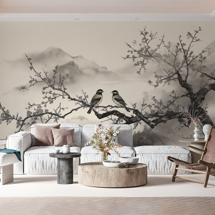Zen Plum Blossom Mural Wallpaper | Oriental Birds & Misty Mountains
