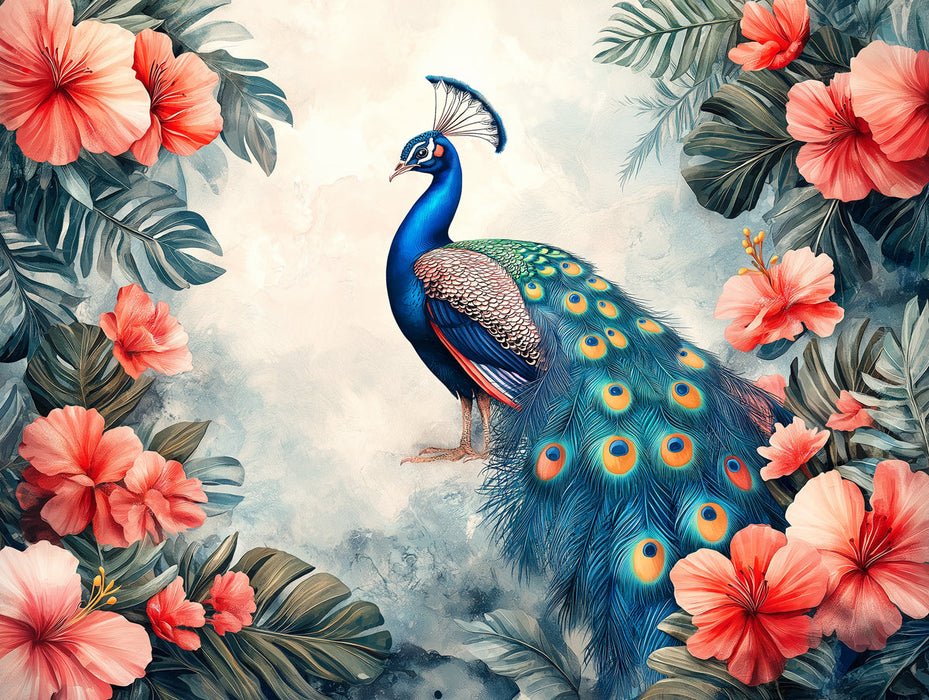 Peacock Mural Wallpaper in Living Room | Blue, Green, Orange, and Various Colors of Peacock -1