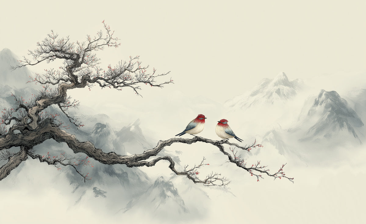 Zen Winter Tree Mural Wallpaper | Oriental Birds & Snowy Mountains