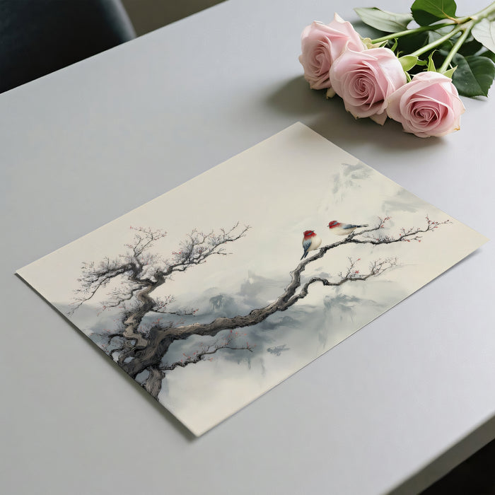 Zen Winter Tree Mural Wallpaper | Oriental Birds & Snowy Mountains