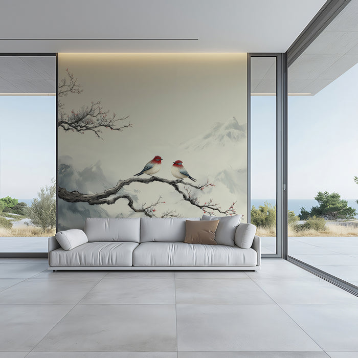 Zen Winter Tree Mural Wallpaper | Oriental Birds & Snowy Mountains