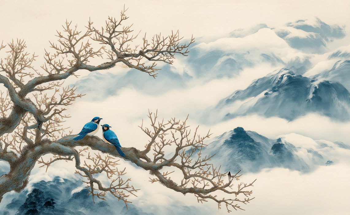 Traditional Chinese Ink Wash Mural Wallpaper | Blue Birds & Misty Mountains