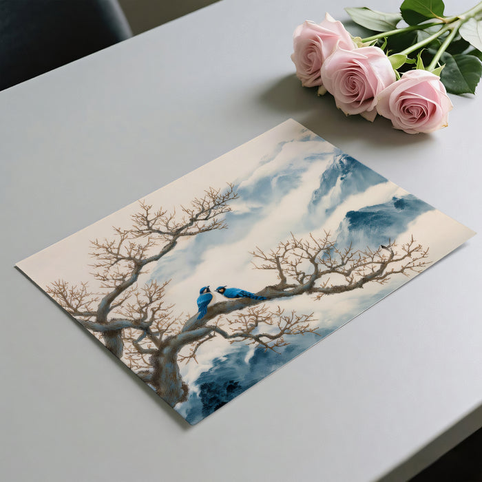 Traditional Chinese Ink Wash Mural Wallpaper | Blue Birds & Misty Mountains