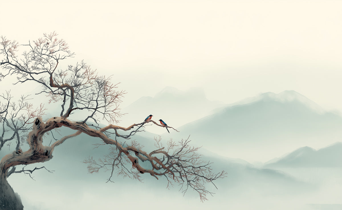Zen Chinese Landscape Mural Wallpaper | Minimalist Birds & Misty Mountains